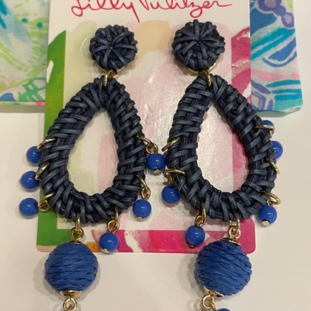 NWT Lilly Pulitzer Navy Blue Raffia Dangle Earrings Boho Summer Vacation